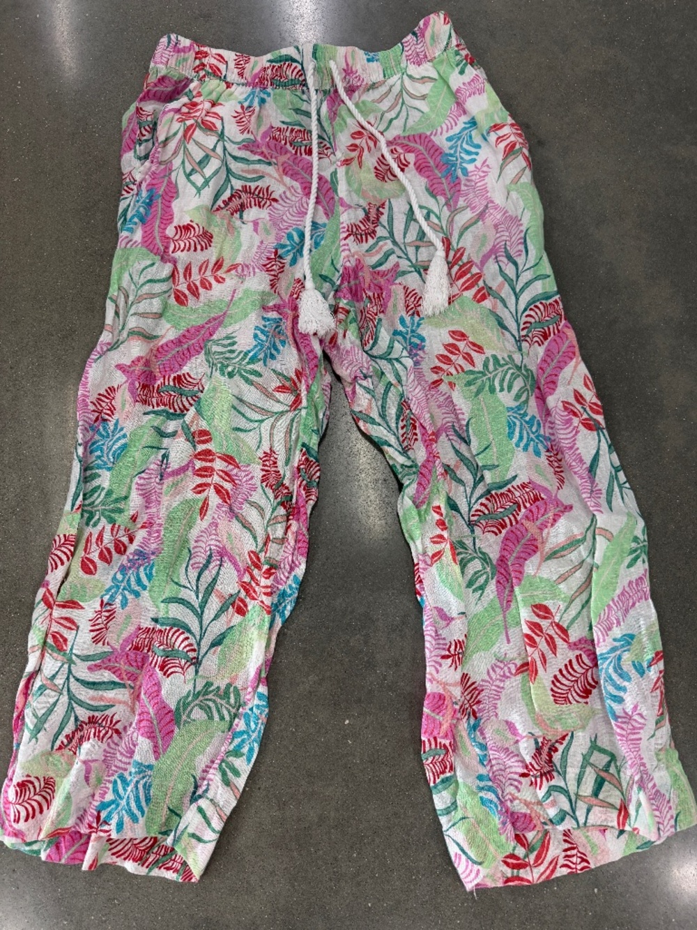 Cynthia Rowley 100% linen pull on floral wide leg pants size L white pink green